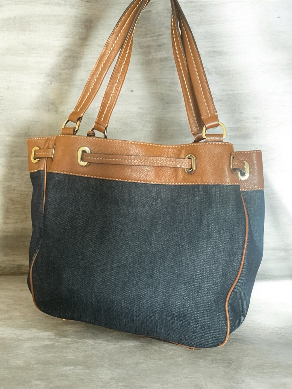Michael Kors Tan Leather & Dark Denim Tote with Gold Hardware large bag - Picture 3 of 11